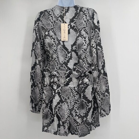 Sofia Collection Natalia Snakeskin Print Long Sleeve Romper - Picture 5 of 11